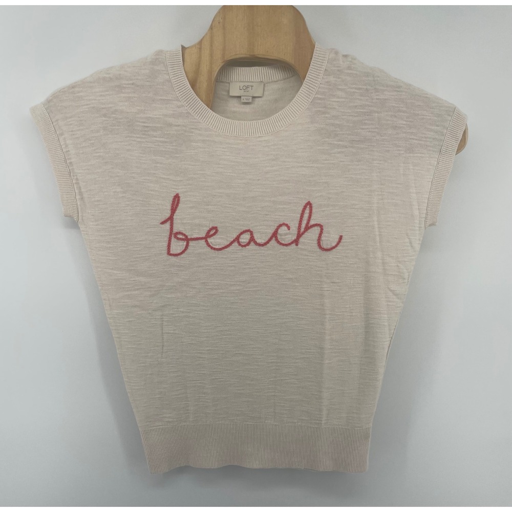 LOFT Outlet Cap Sleeve Sweater Women Sm Beige Beach Embroidered Coastal Vacation